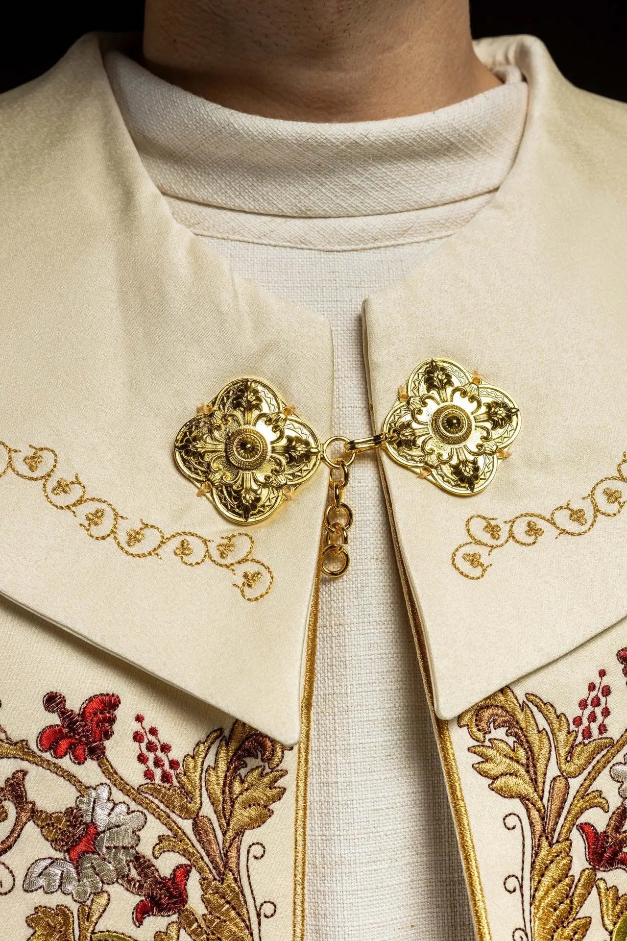 Ecru satin liturgical chapel with embroidered gold IHS