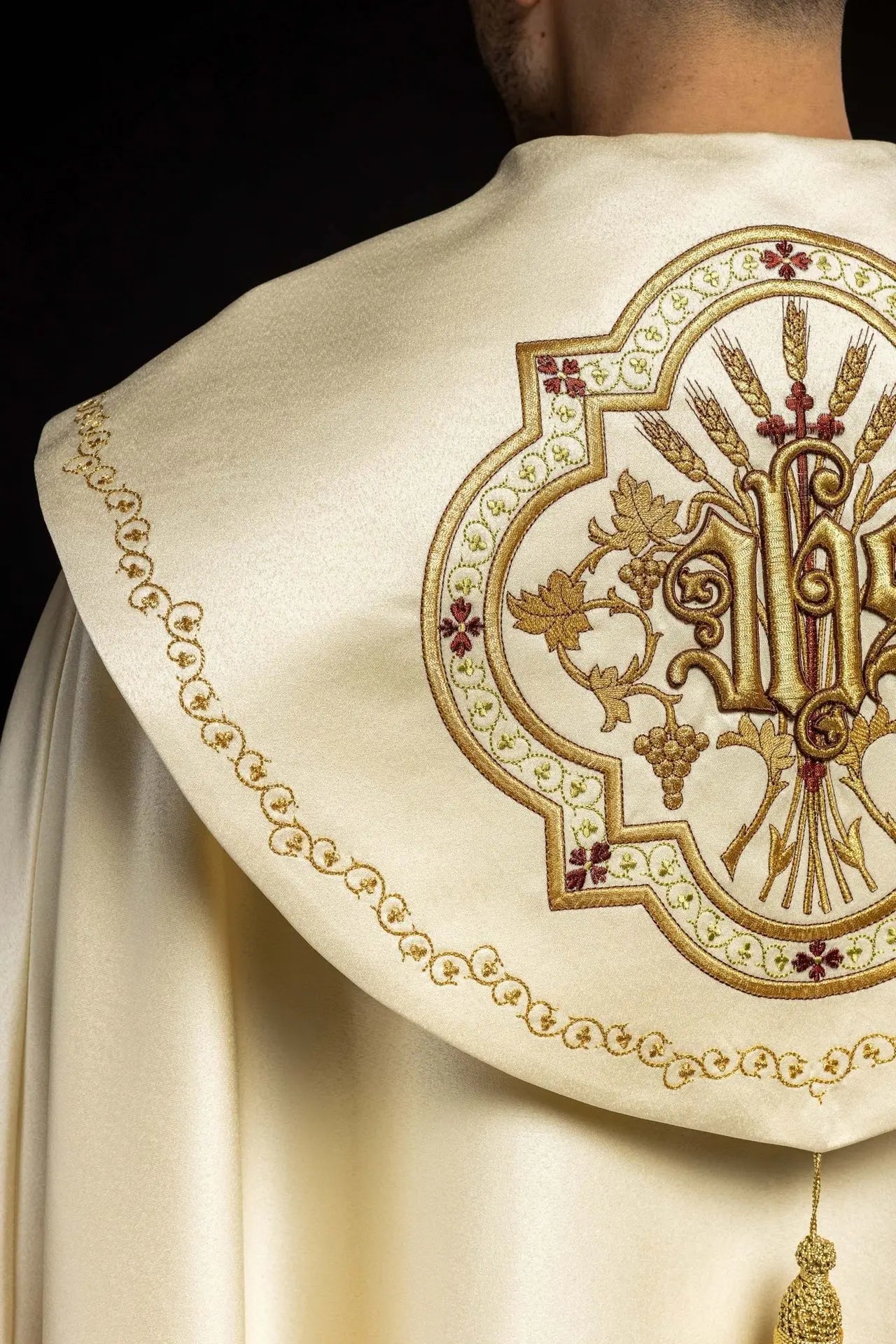 Ecru satin liturgical chapel with embroidered gold IHS