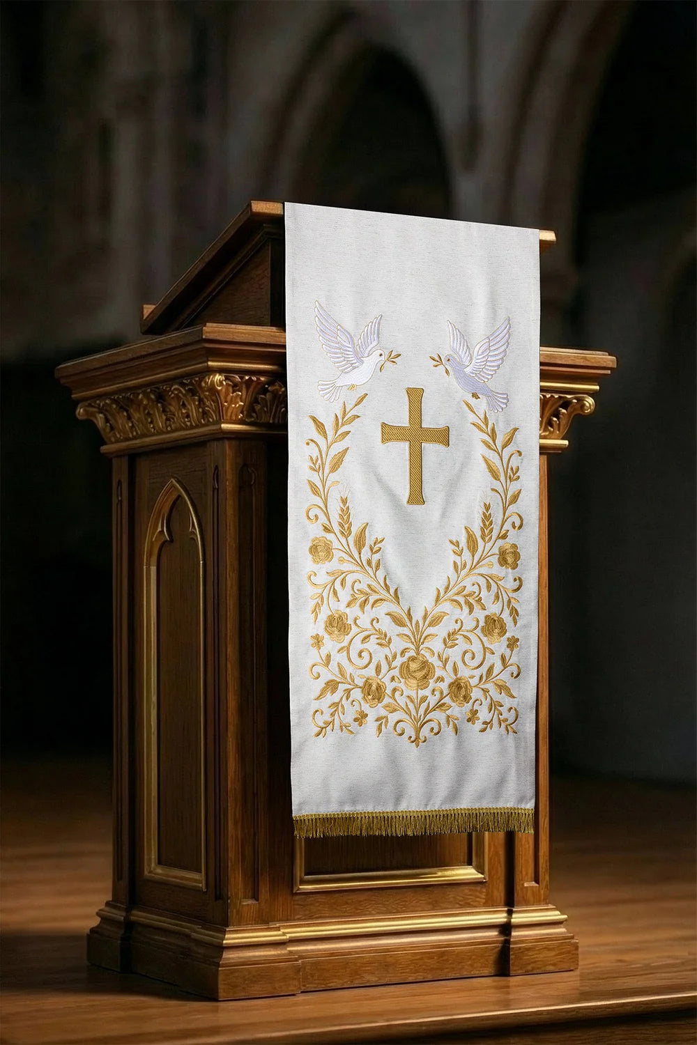 Białe Nakrycie na lektorium z Krzyżem, Gołąbkami i Złotym Haftem