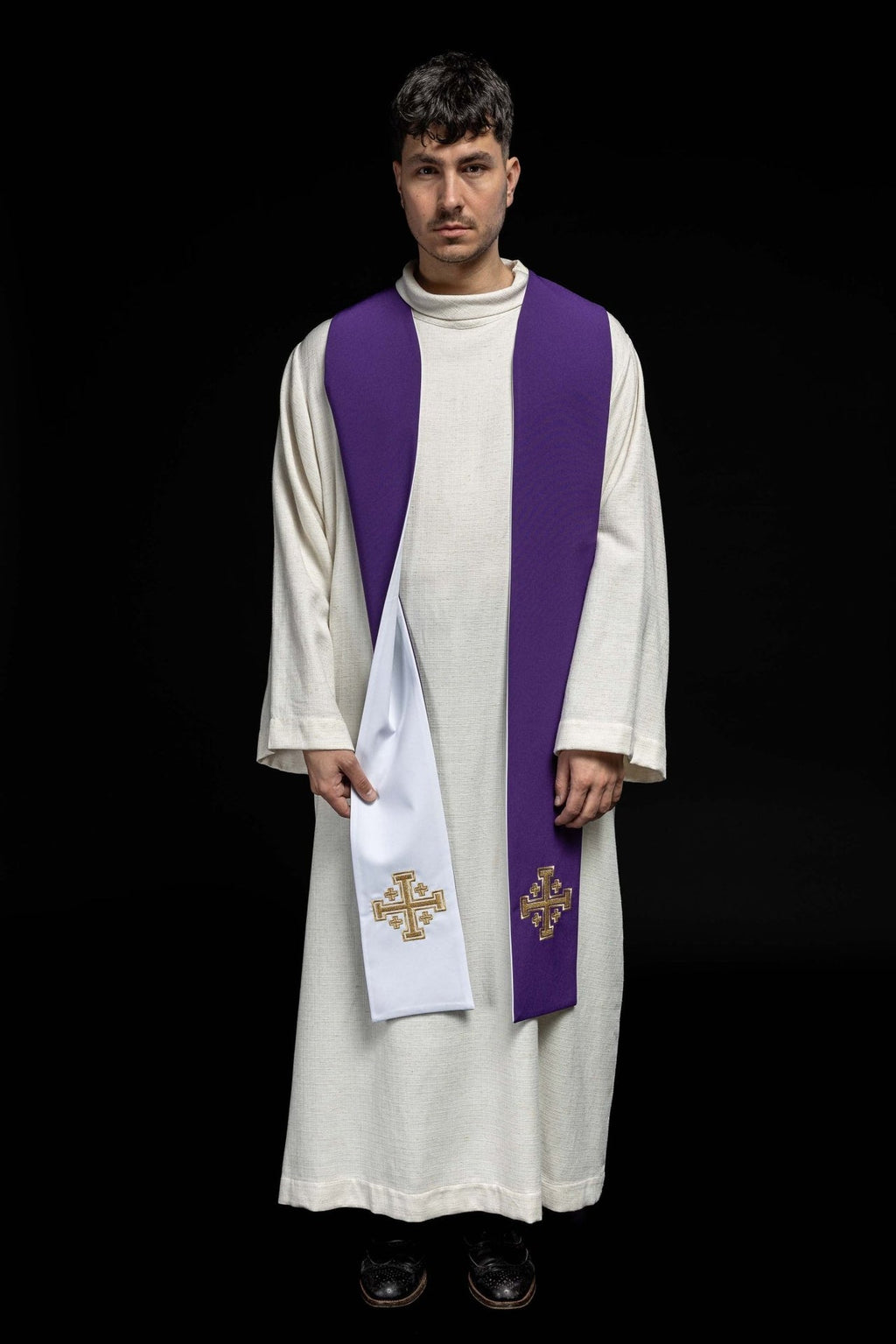 Stuła dwustronna Krzyż Jerozolimski fioletowo - biała