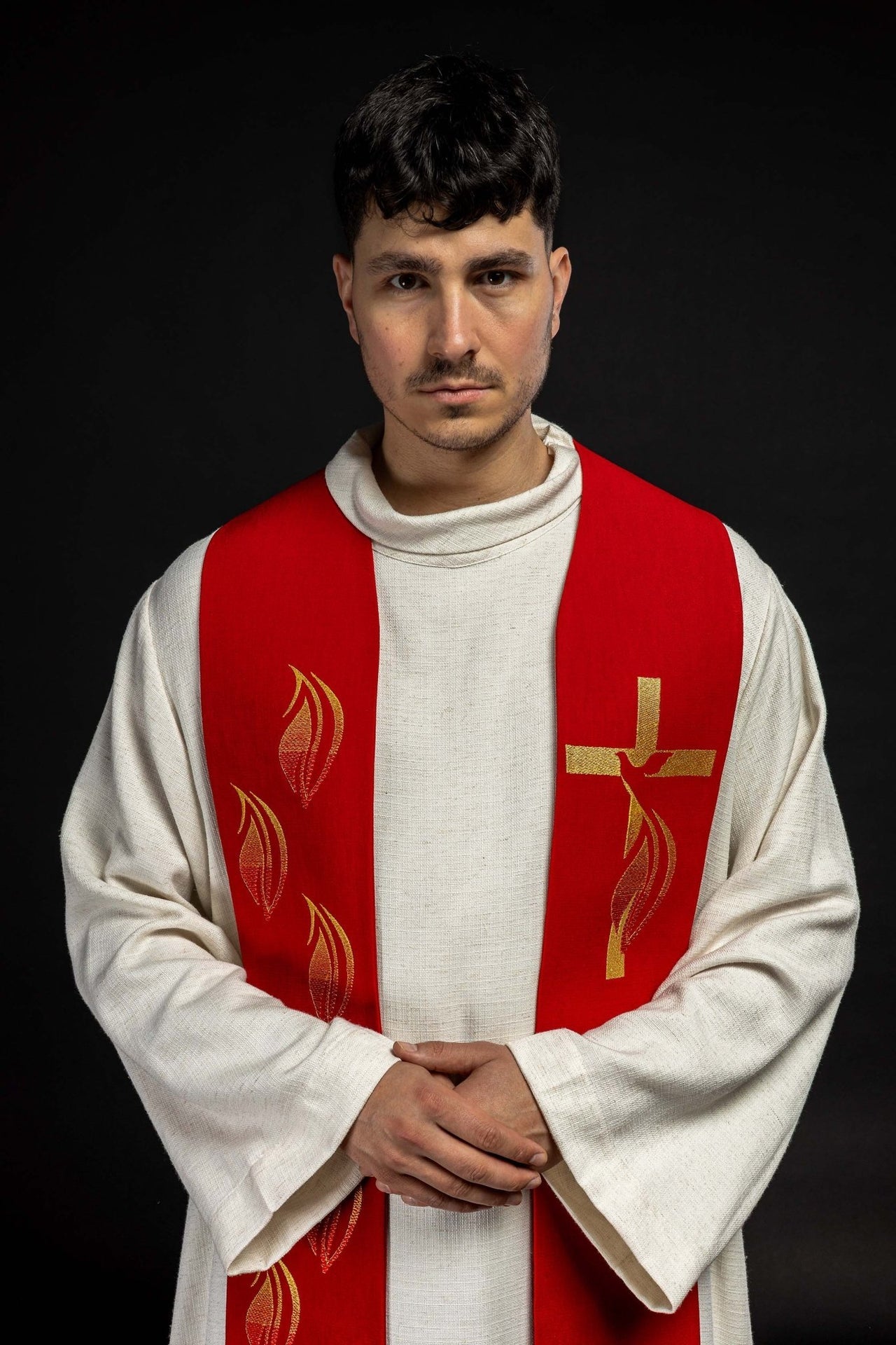 Stuła haftowana Duch Święty, krzyż i języki ognia Czerwona