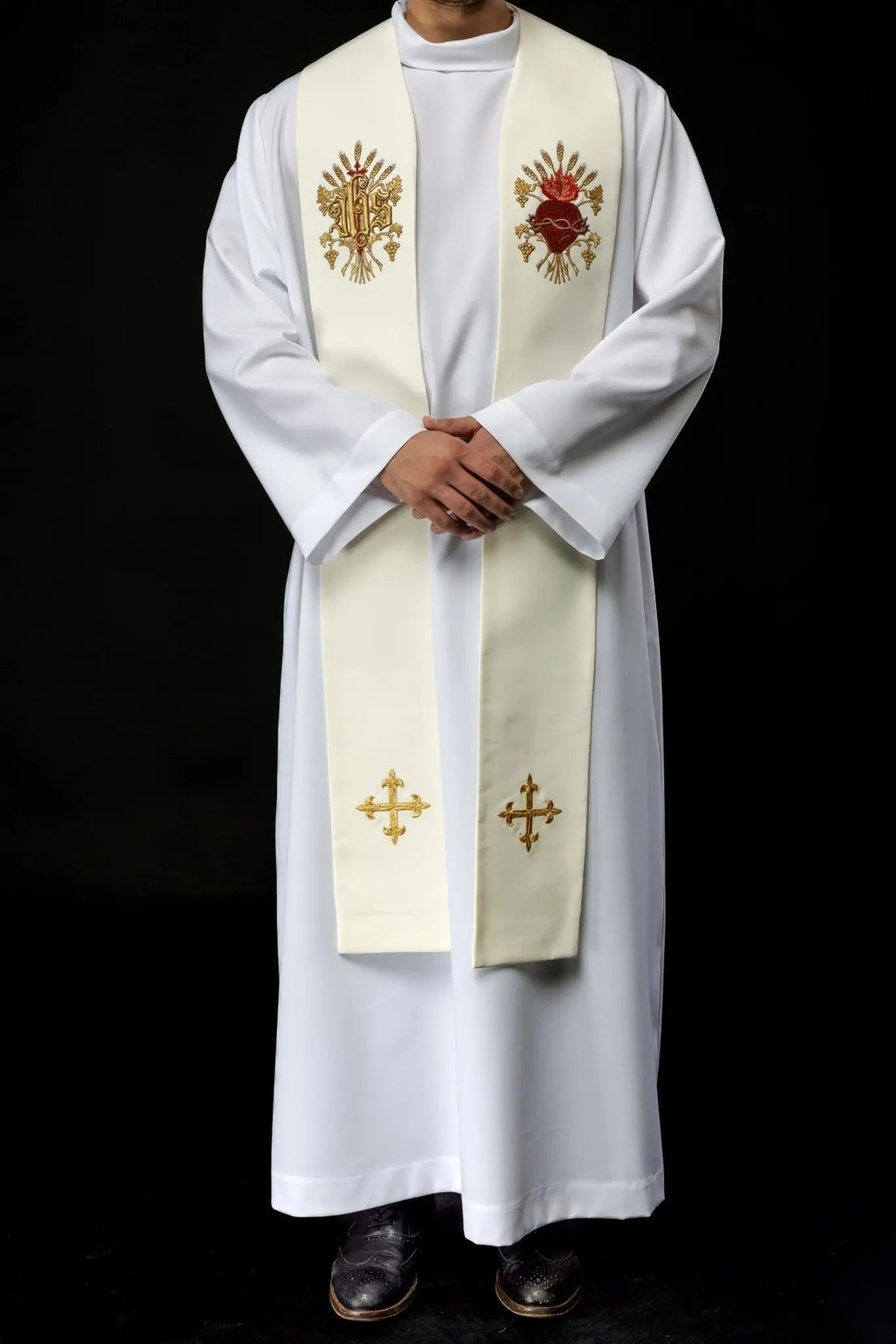 Haftowana stuła z krzyżem, IHS i sercem Jezusa Chrystusa ecru