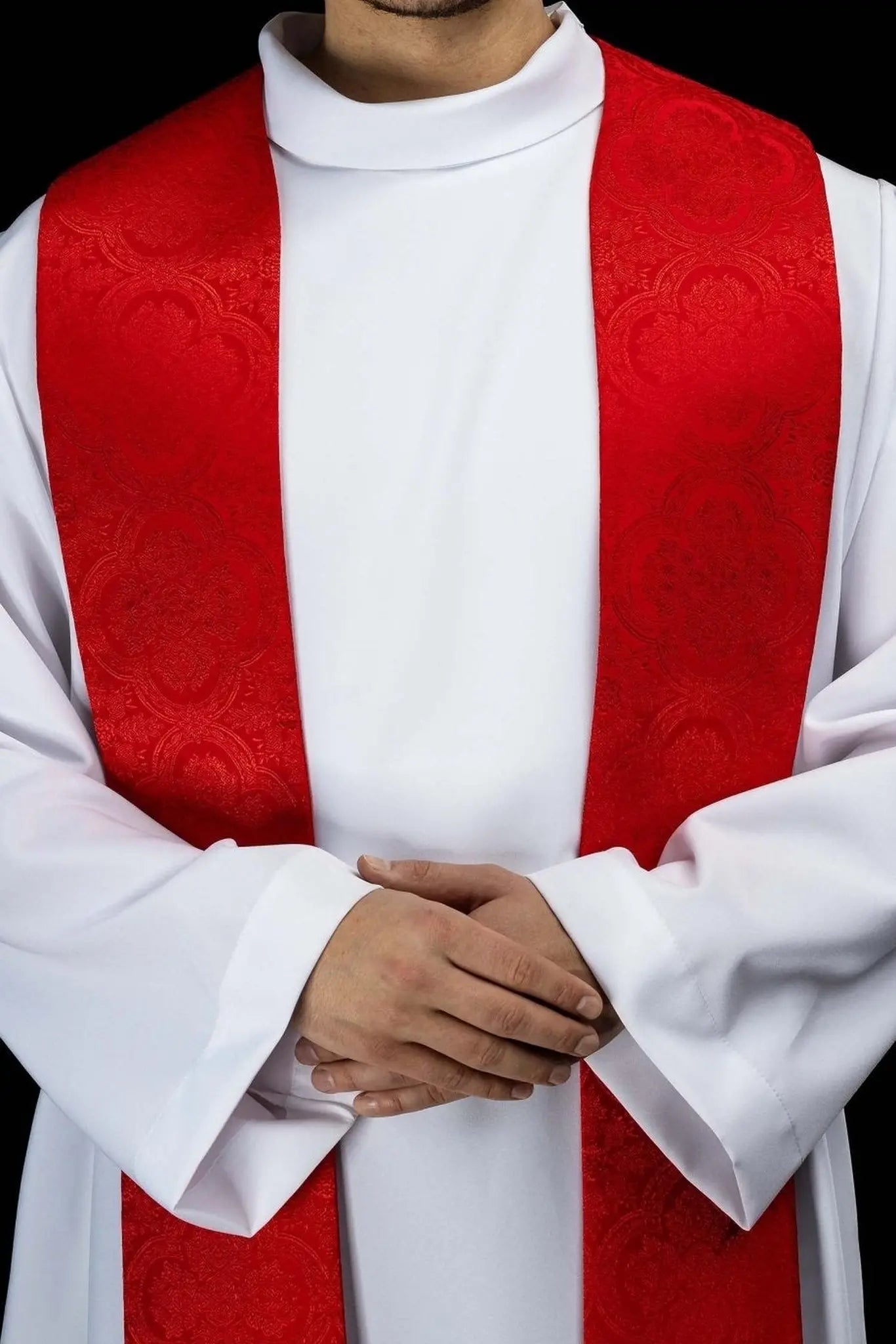 Red embroidered stole with cross motif, jacquard fabric