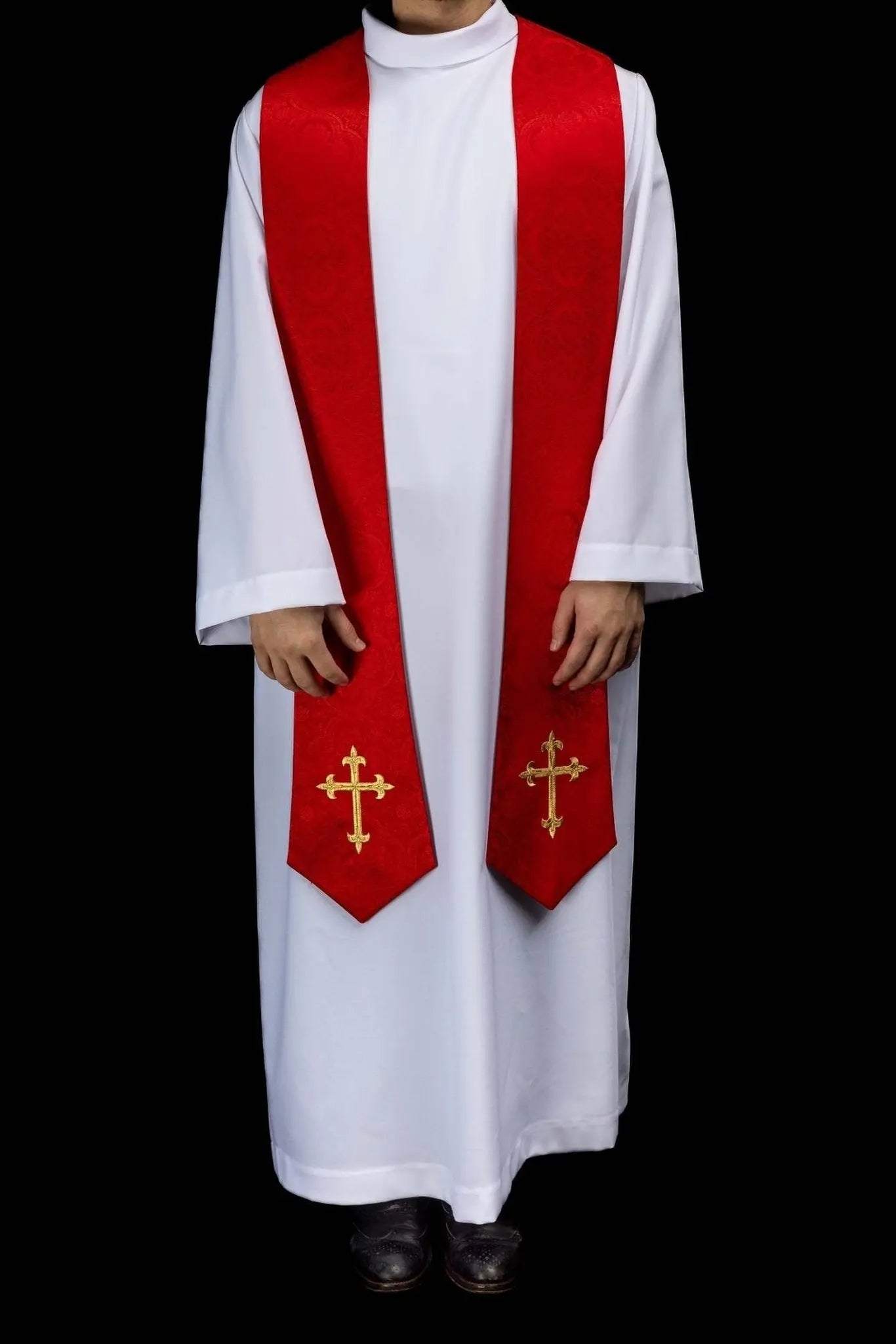 Red embroidered stole with cross motif, jacquard fabric