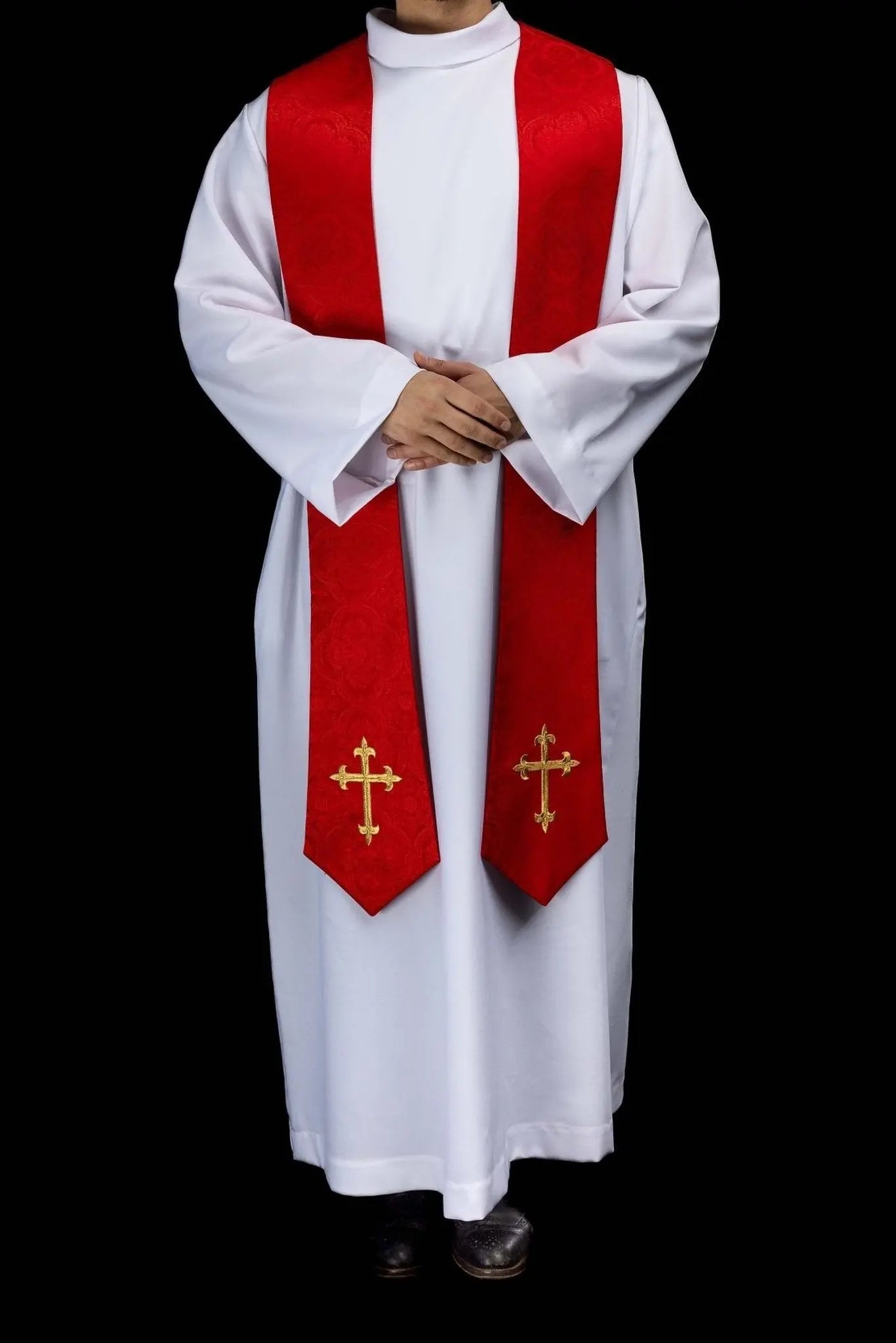 Red embroidered stole with cross motif, jacquard fabric