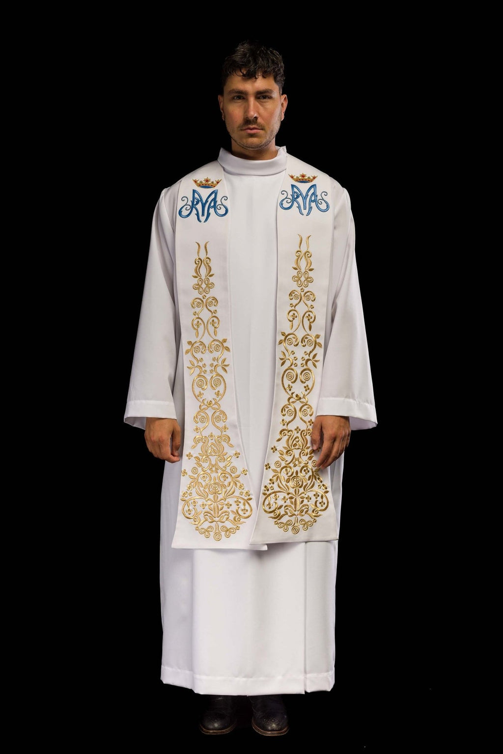 Stuła kapłańska biała haftowana motyw Maryjny z koroną