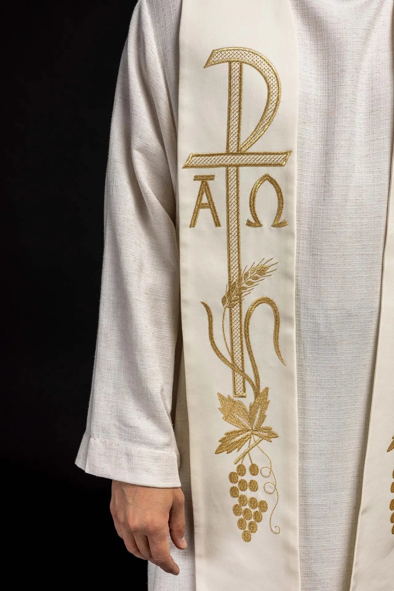 Alpha and Omega ecru embroidered priest's stole