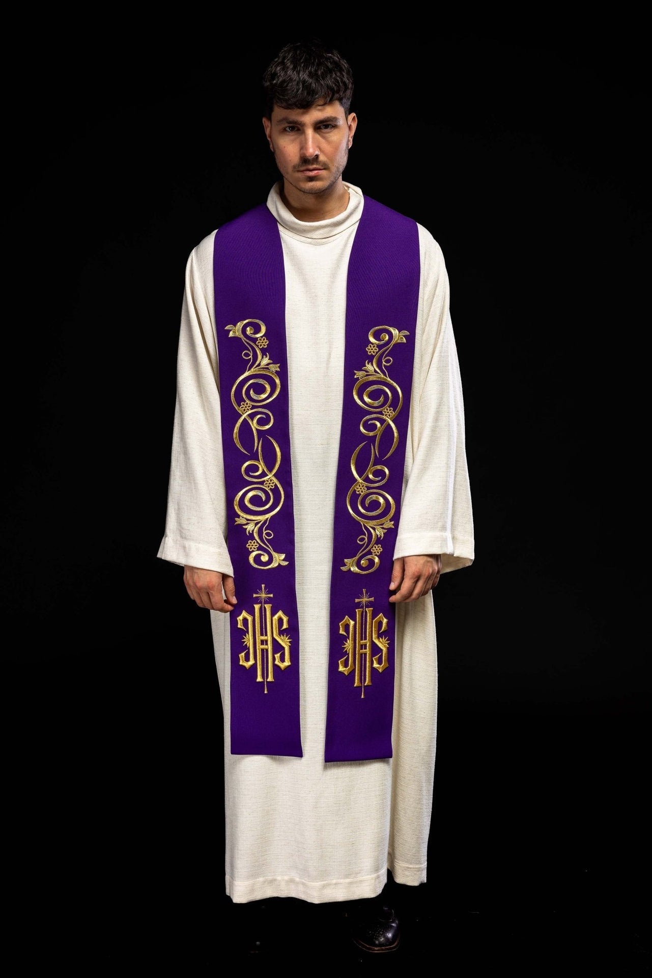 Stuła kapłańska haftowana IHS Fioletowa