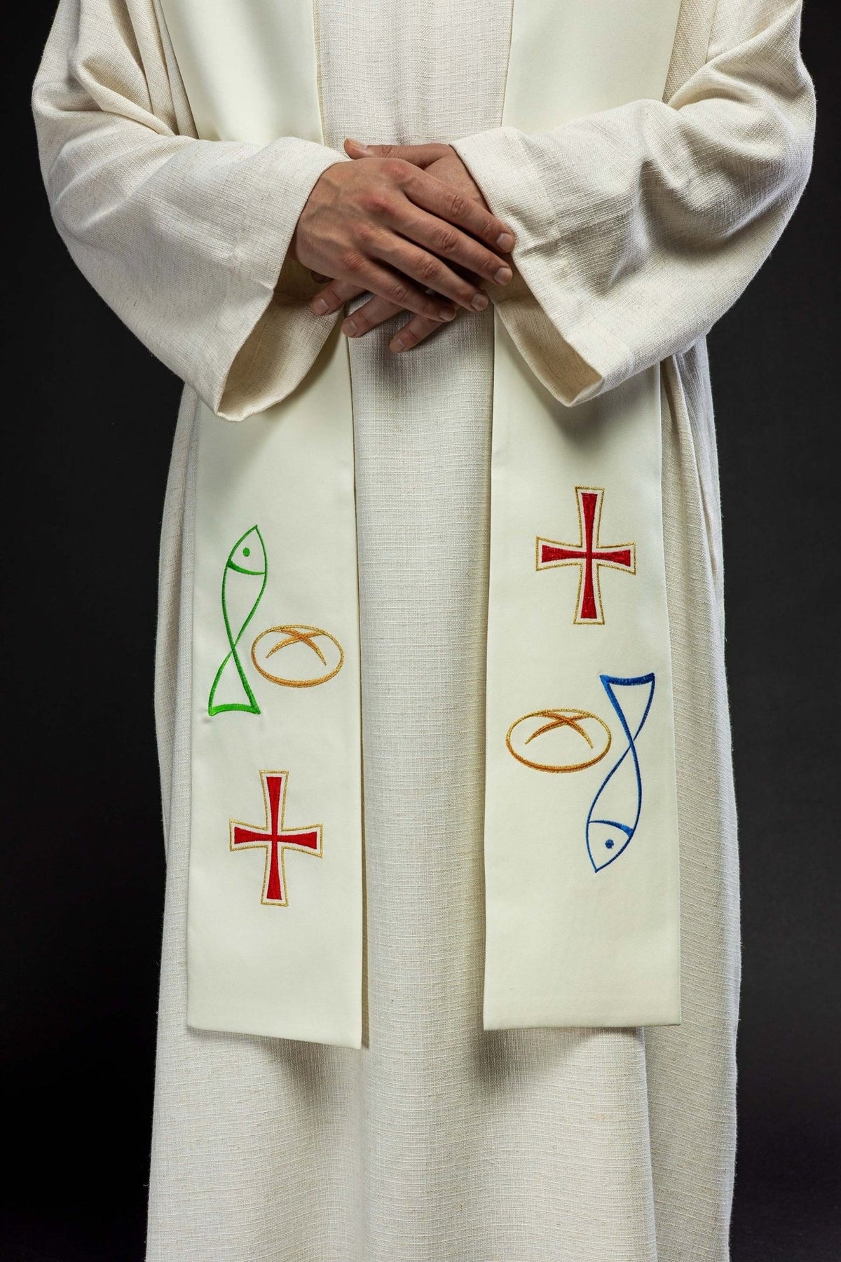 Stuła kapłańska haftowana Ryba Chleb Krzyż w kolorze ecru