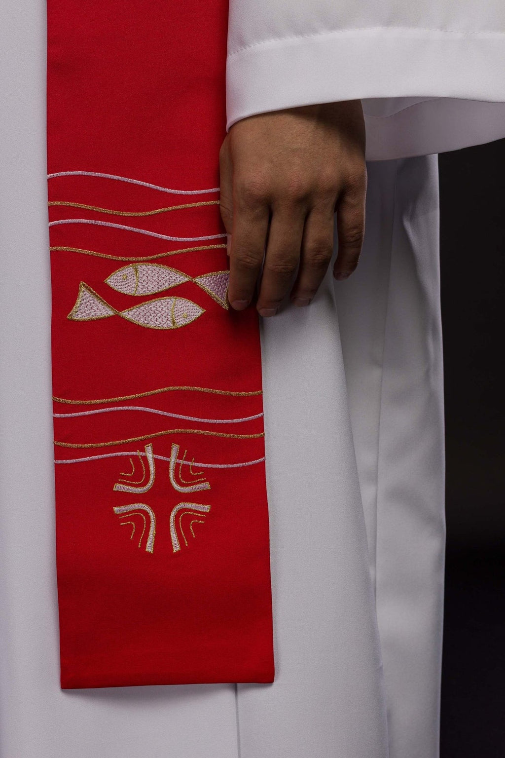 Stuła kapłańska haftowana Ryby Czerwona