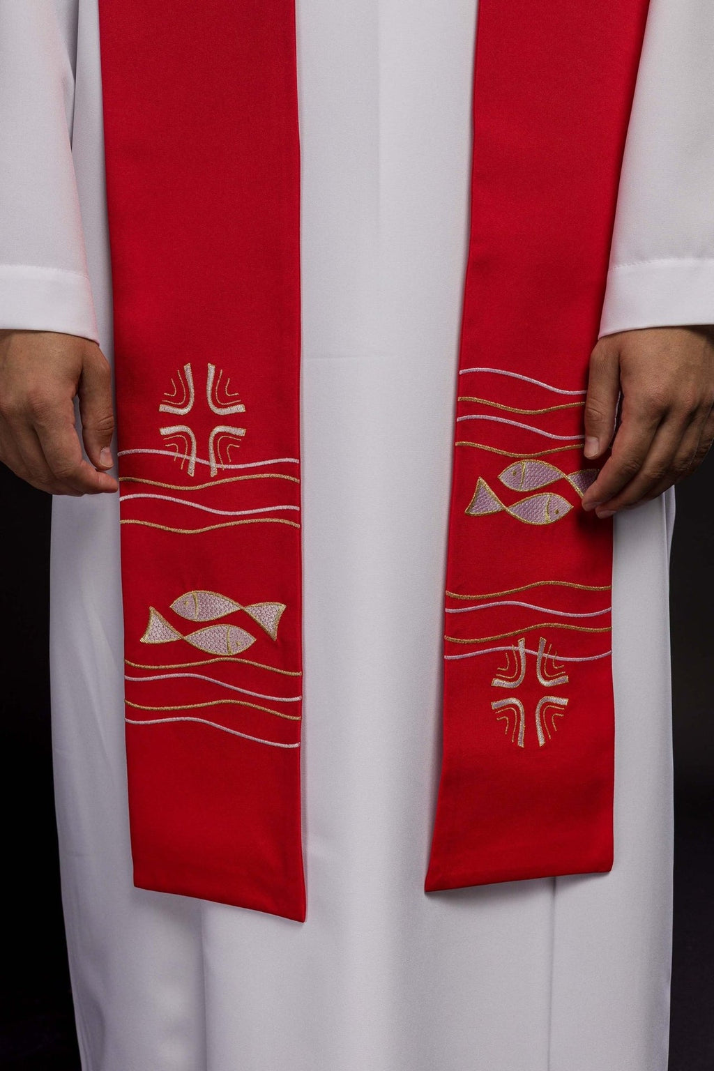 Stuła kapłańska haftowana Ryby Czerwona