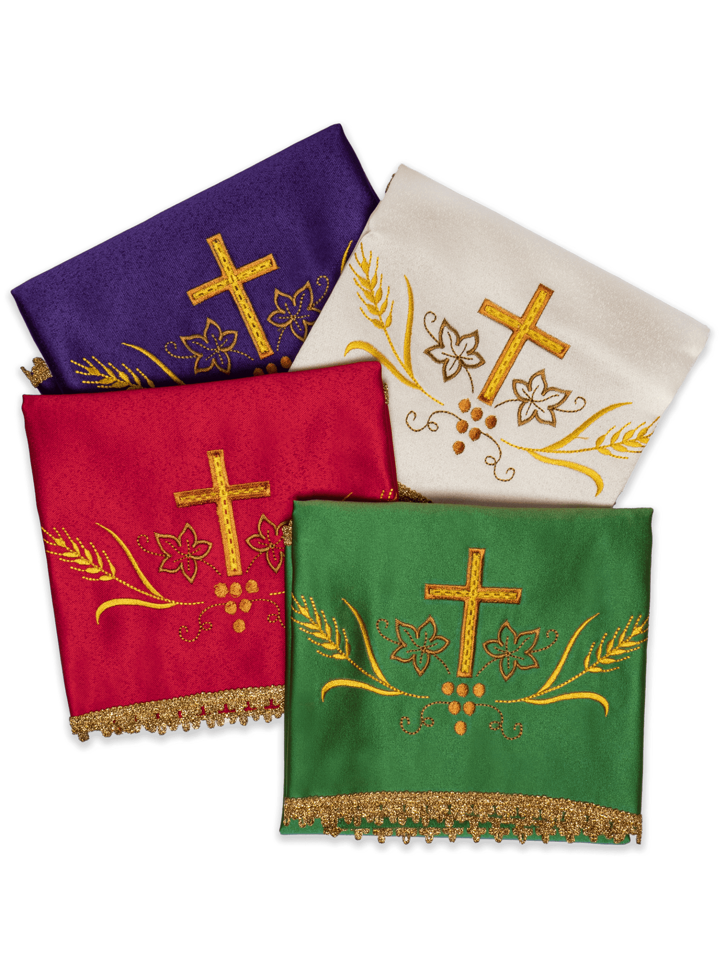 Zestaw czterech sztuk welonów na kielich ze złotym haftem krzyża