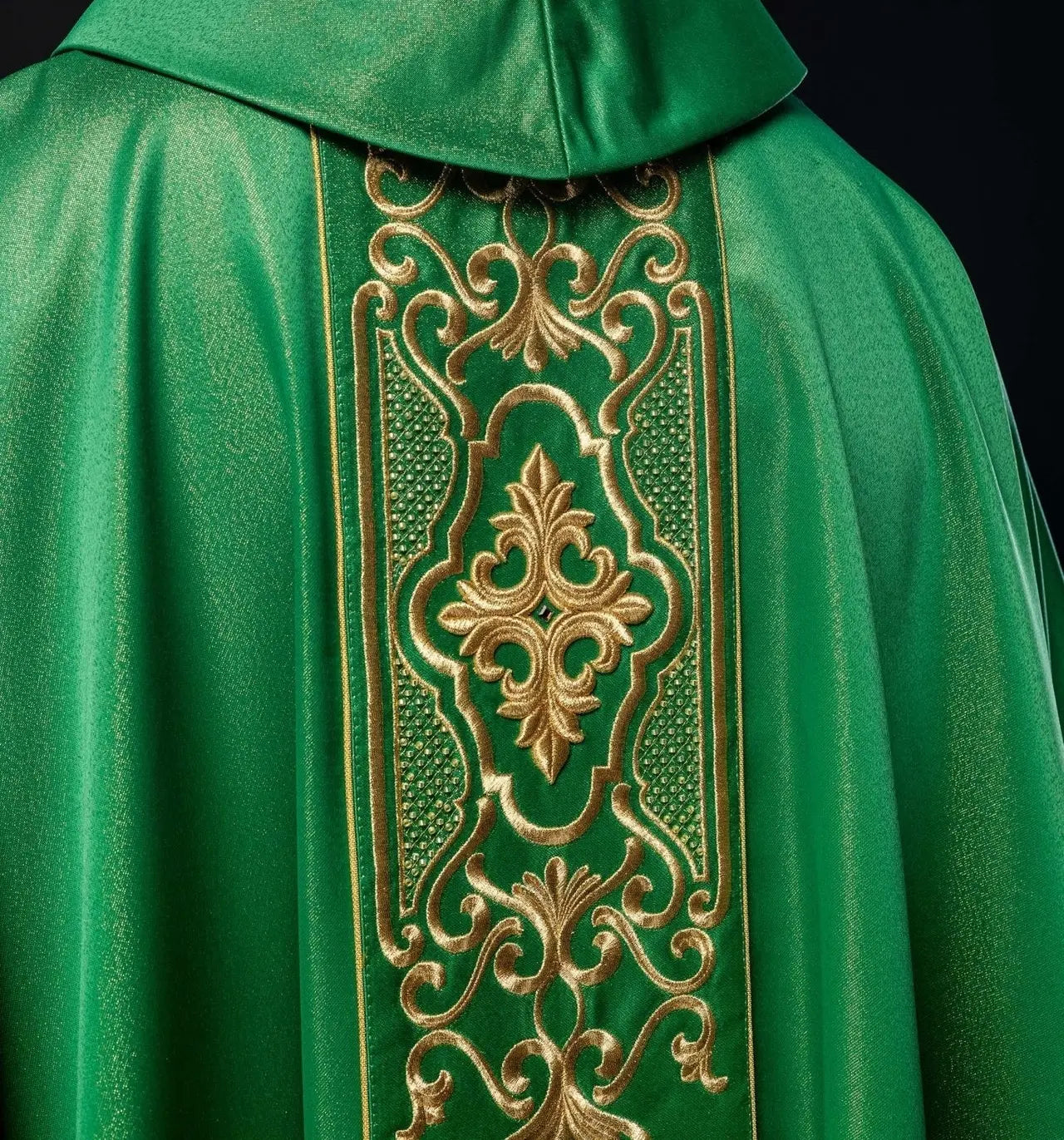 Green chasuble richly embroidered lustre