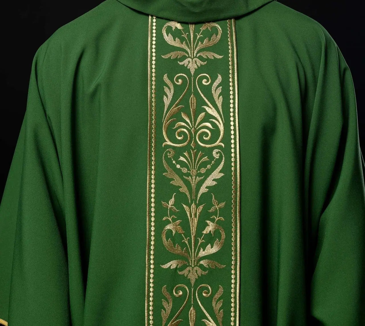 Green liturgical chasuble decorated with gold embroidered belt