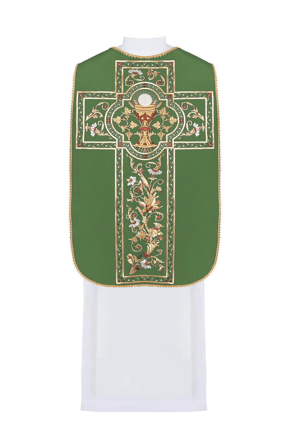 Zielony ornat rzymski haftowany motywem kielicha eucharystycznego