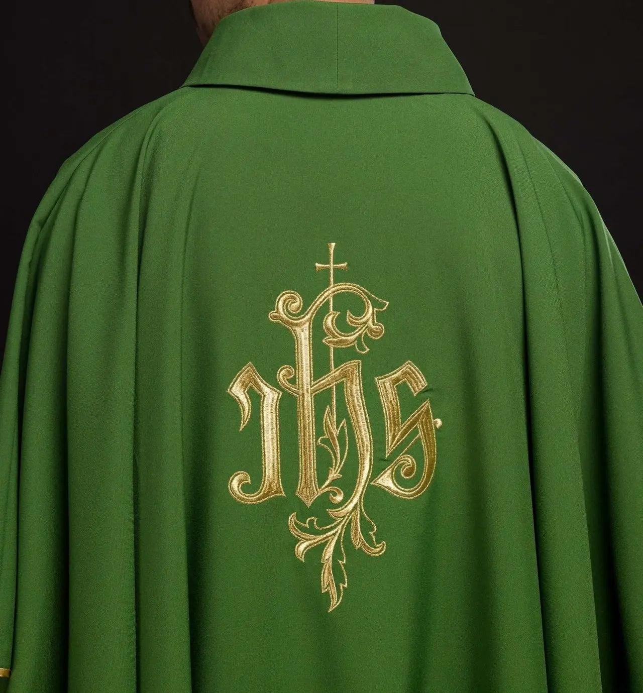 Green chasuble with gold IHS embroidery